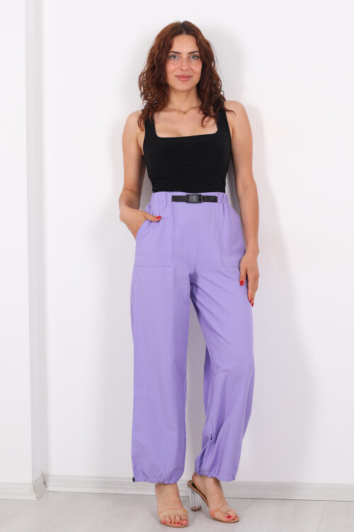 Beli Lastikli Kemer Tokalı Lila Kadın Poplin Pantolon 