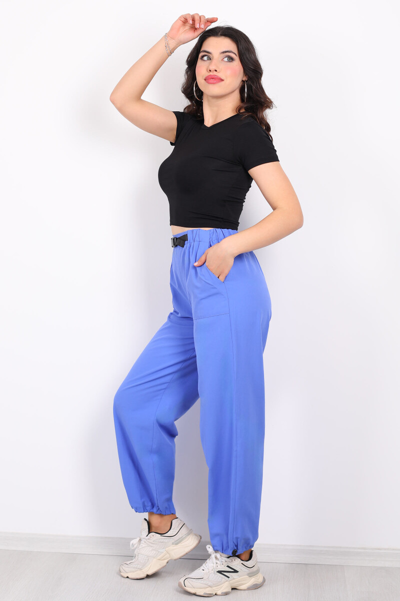 Beli Lastikli Kemer Tokalı Mavi Kadın Poplin Pantolon - 1