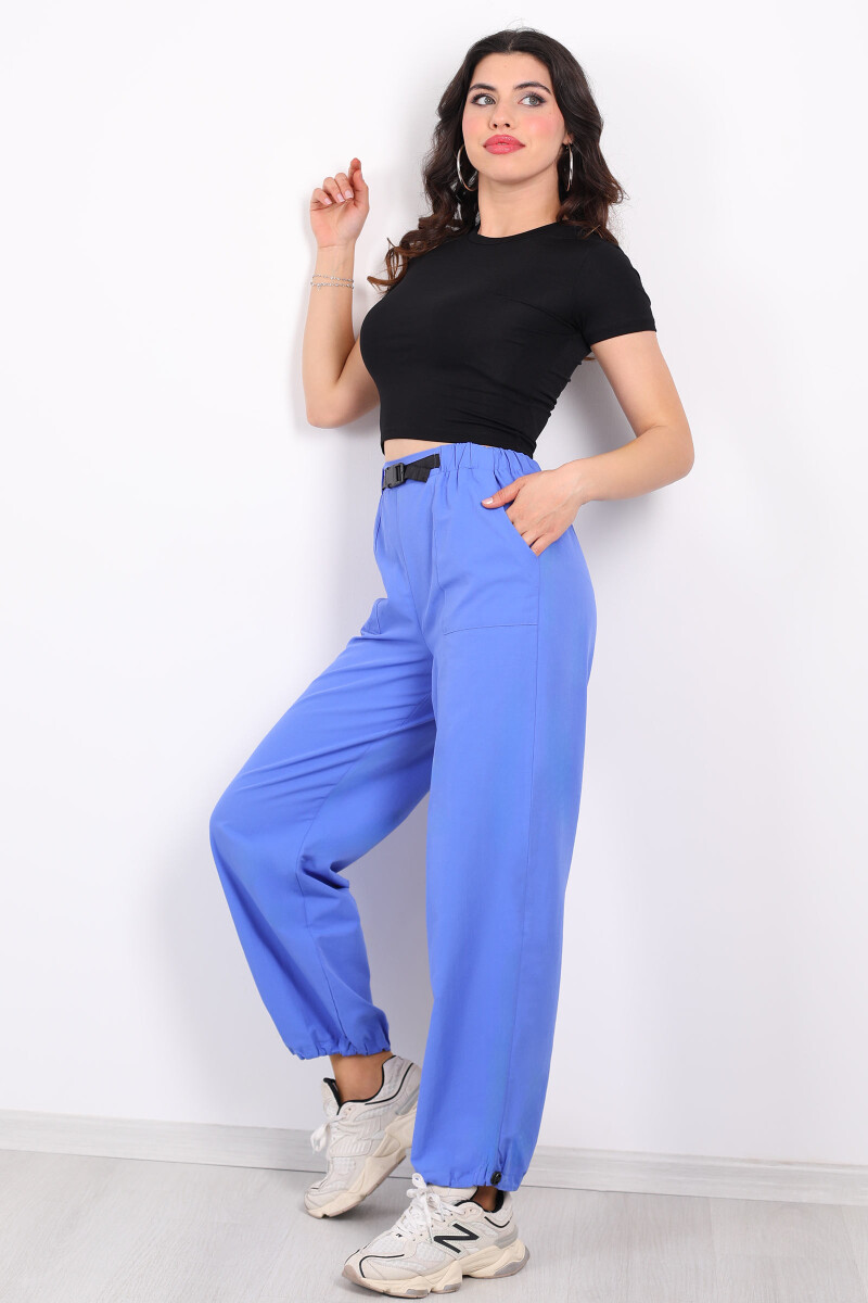 Beli Lastikli Kemer Tokalı Mavi Kadın Poplin Pantolon - 3