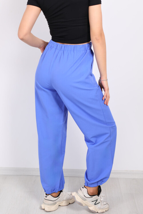 Beli Lastikli Kemer Tokalı Mavi Kadın Poplin Pantolon - 5