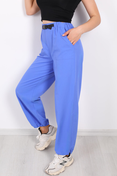 Beli Lastikli Kemer Tokalı Mavi Kadın Poplin Pantolon - 2