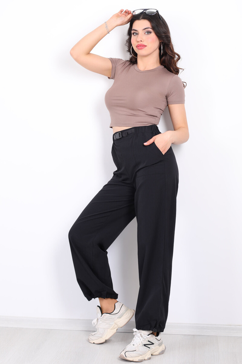 Beli Lastikli Kemer Tokalı Siyah Kadın Poplin Pantolon - 1