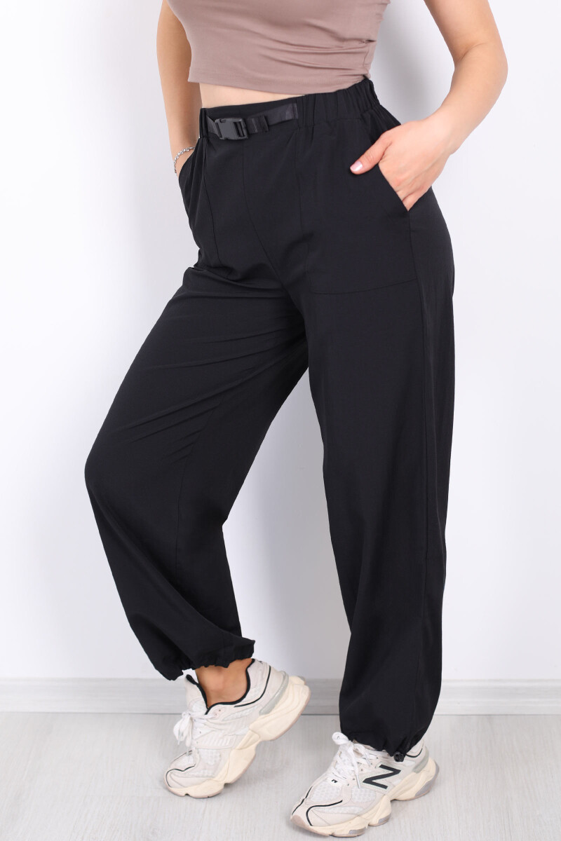 Beli Lastikli Kemer Tokalı Siyah Kadın Poplin Pantolon - 2