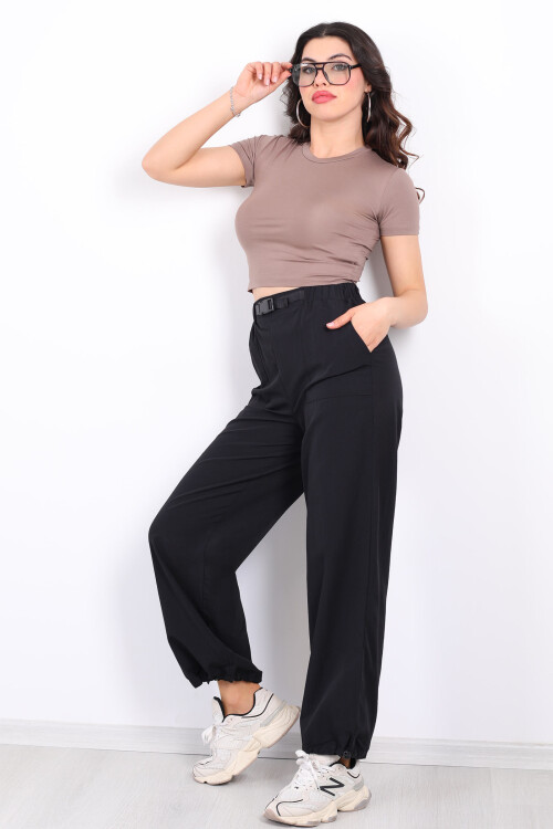 Beli Lastikli Kemer Tokalı Siyah Kadın Poplin Pantolon - 4
