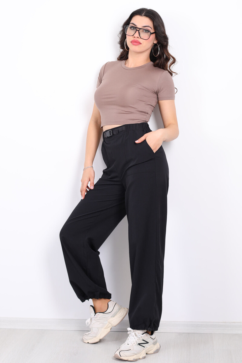 Beli Lastikli Kemer Tokalı Siyah Kadın Poplin Pantolon - 3