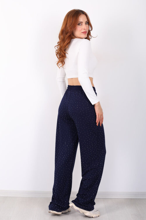 Beli Lastikli Lacivert Kadın Taşlı Pantolon - 5