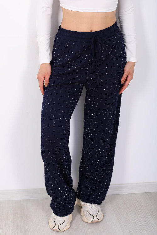 Beli Lastikli Lacivert Kadın Taşlı Pantolon - Berox (1)