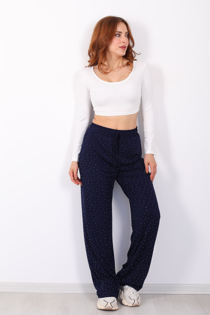 Beli Lastikli Lacivert Kadın Taşlı Pantolon - 1