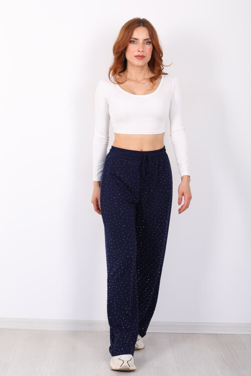 Beli Lastikli Lacivert Kadın Taşlı Pantolon - 6