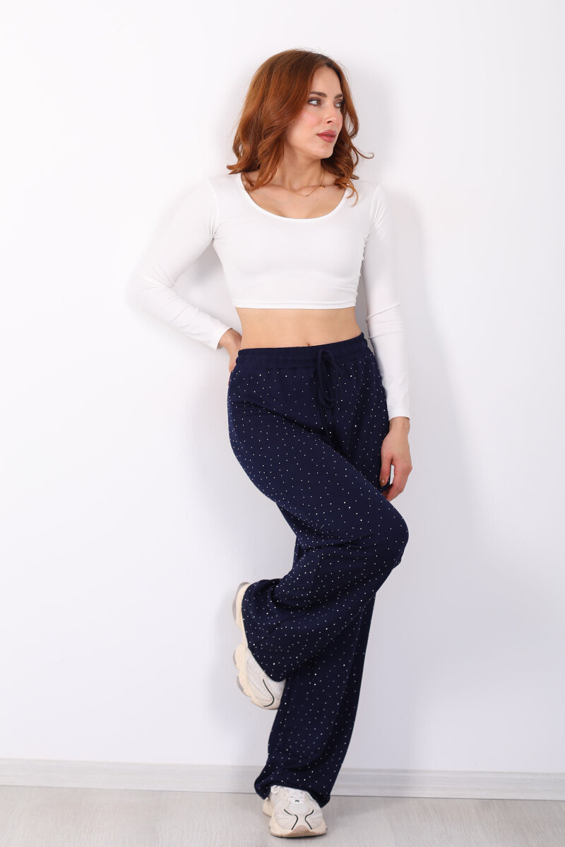 Beli Lastikli Lacivert Kadın Taşlı Pantolon - 3