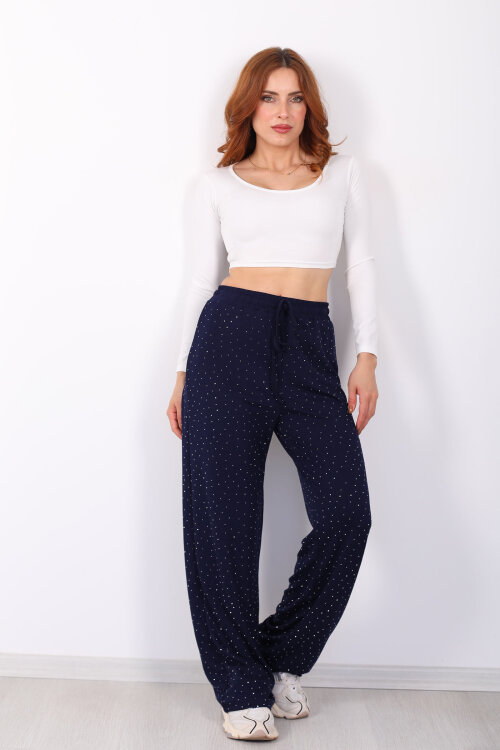 Beli Lastikli Lacivert Kadın Taşlı Pantolon - 4