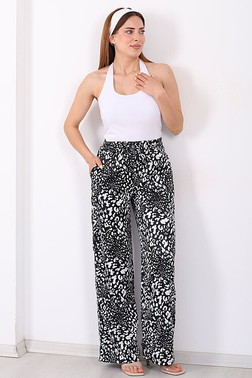 Beli Lastikli Leopar Desen Kadın Siyah Pantolon - Berox