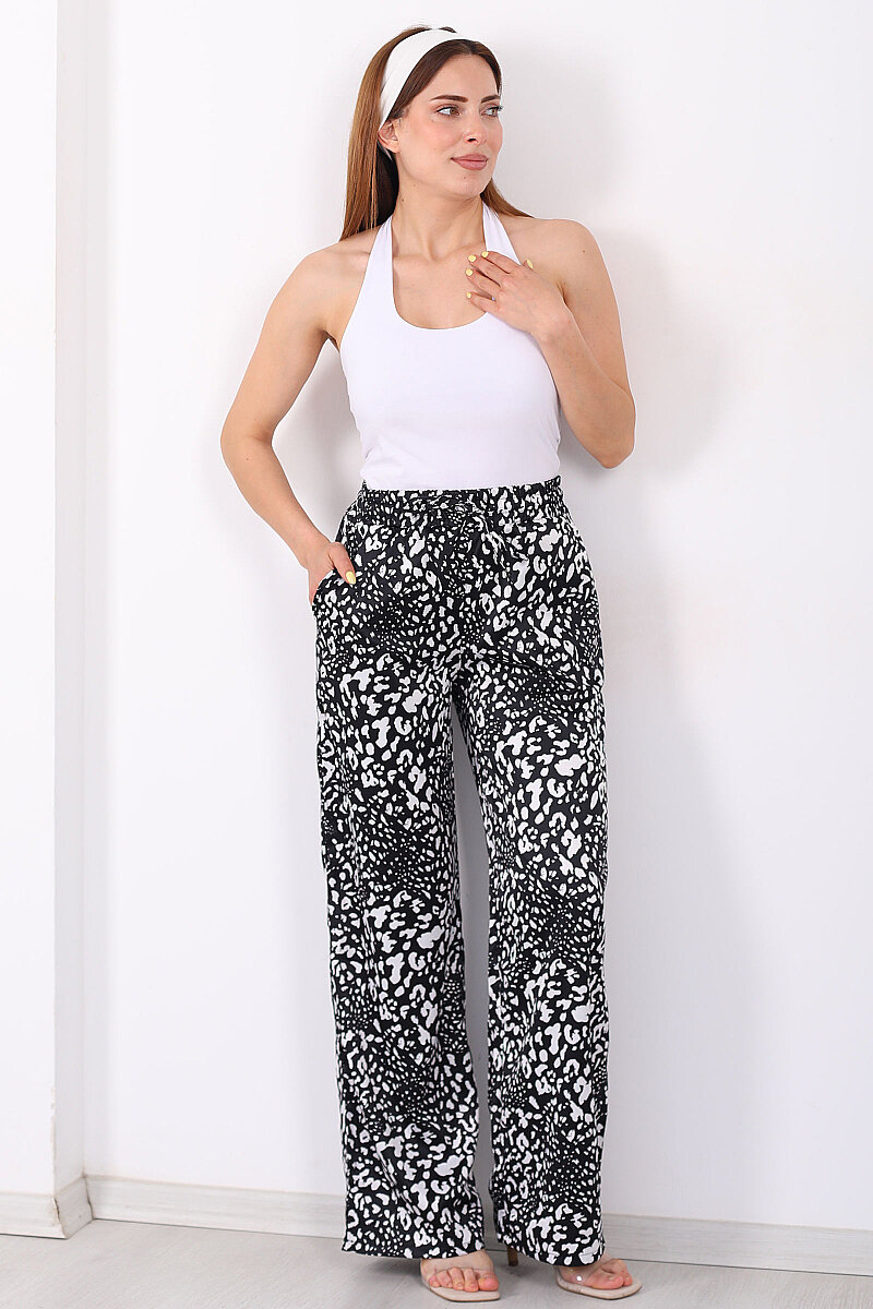 Beli Lastikli Leopar Desen Kadın Siyah Pantolon - 1