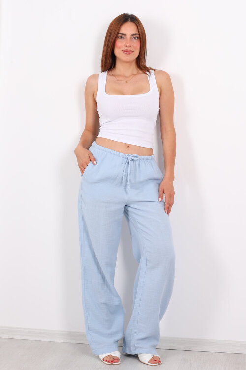 Beli Lastikli Müslin Bol Paça Kadın Mavi Pantolon - Berox