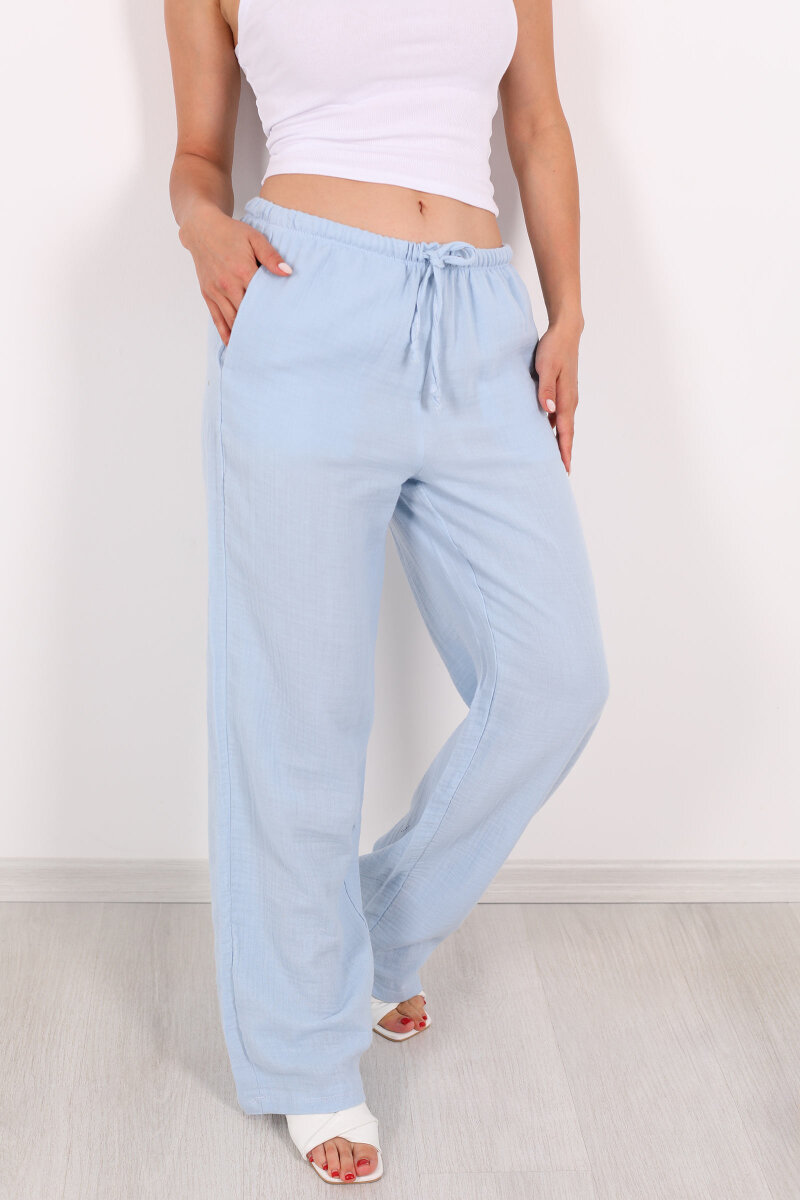 Beli Lastikli Müslin Bol Paça Kadın Mavi Pantolon - 2