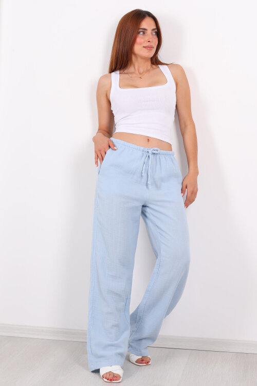 Beli Lastikli Müslin Bol Paça Kadın Mavi Pantolon - 5