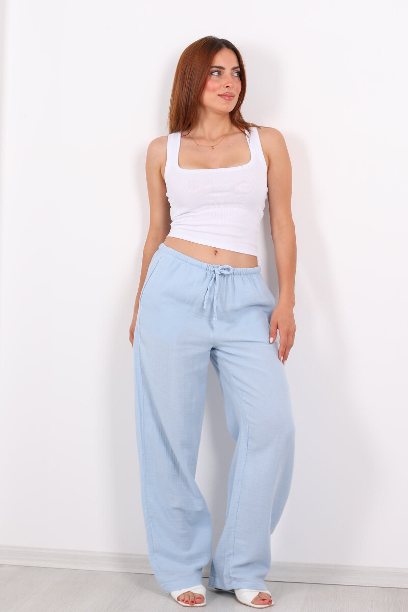 Beli Lastikli Müslin Bol Paça Kadın Mavi Pantolon - 3