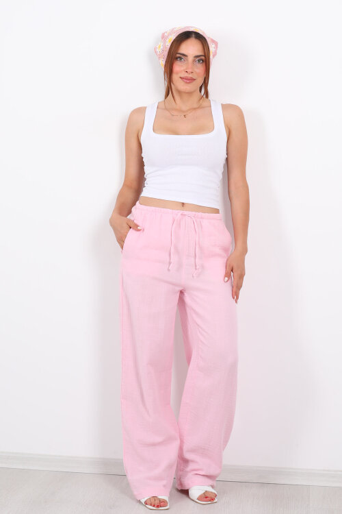 Beli Lastikli Müslin Bol Paça Kadın Pembe Pantolon - Berox