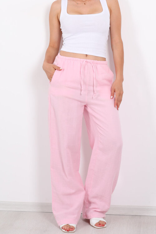 Beli Lastikli Müslin Bol Paça Kadın Pembe Pantolon - Berox (1)