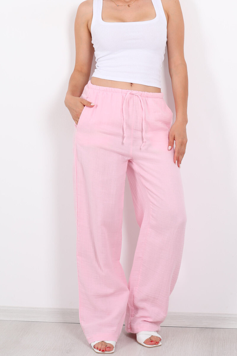 Beli Lastikli Müslin Bol Paça Kadın Pembe Pantolon - 2