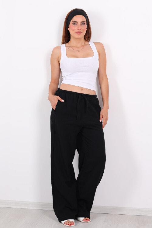 Beli Lastikli Müslin Bol Paça Kadın Siyah Pantolon - Berox