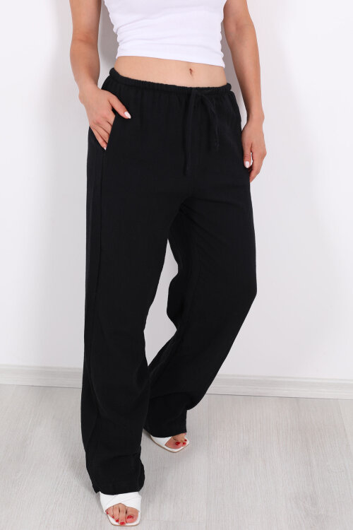 Beli Lastikli Müslin Bol Paça Kadın Siyah Pantolon - Berox (1)