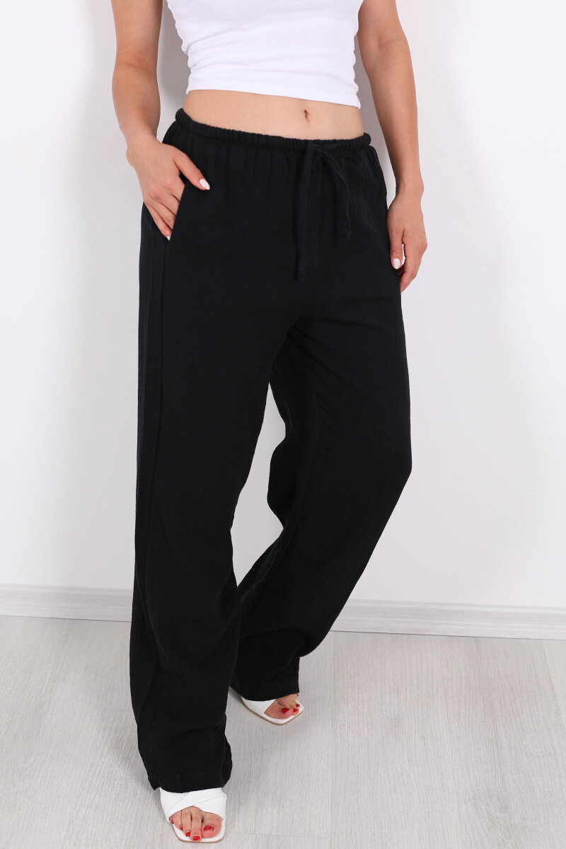 Beli Lastikli Müslin Bol Paça Kadın Siyah Pantolon - 2