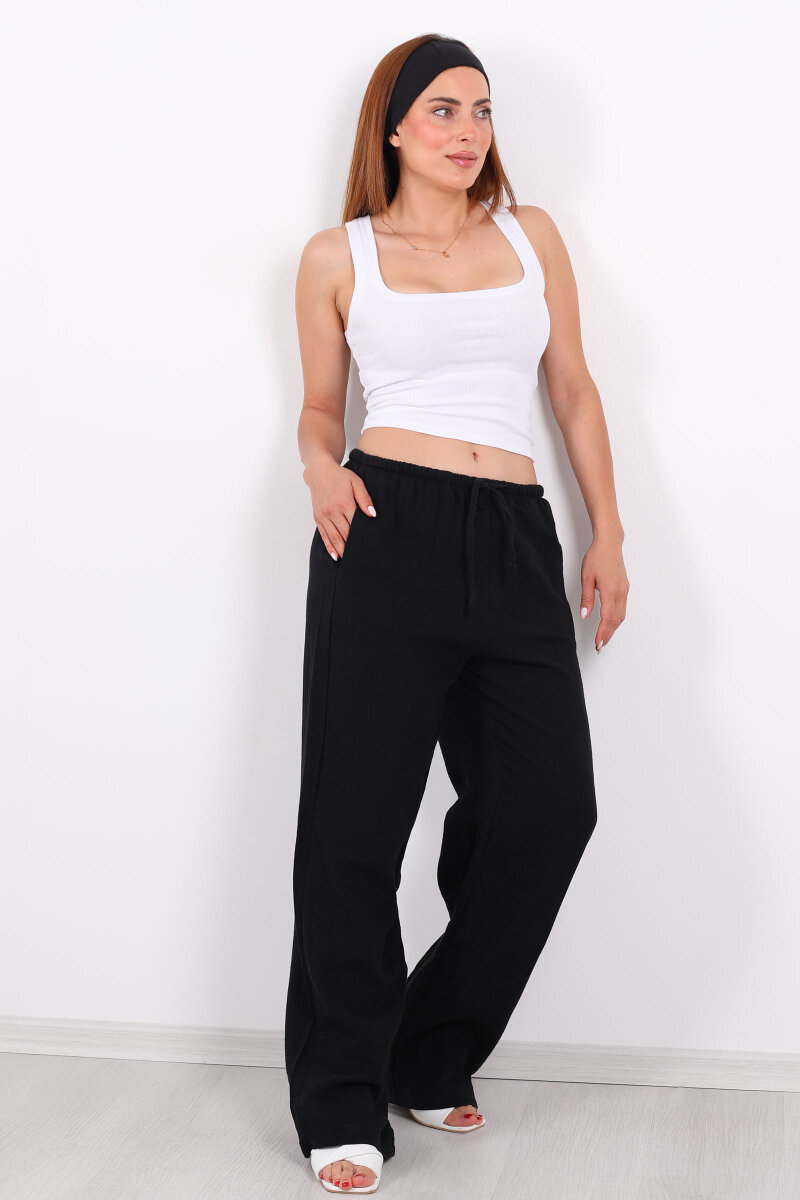 Beli Lastikli Müslin Bol Paça Kadın Siyah Pantolon - 5