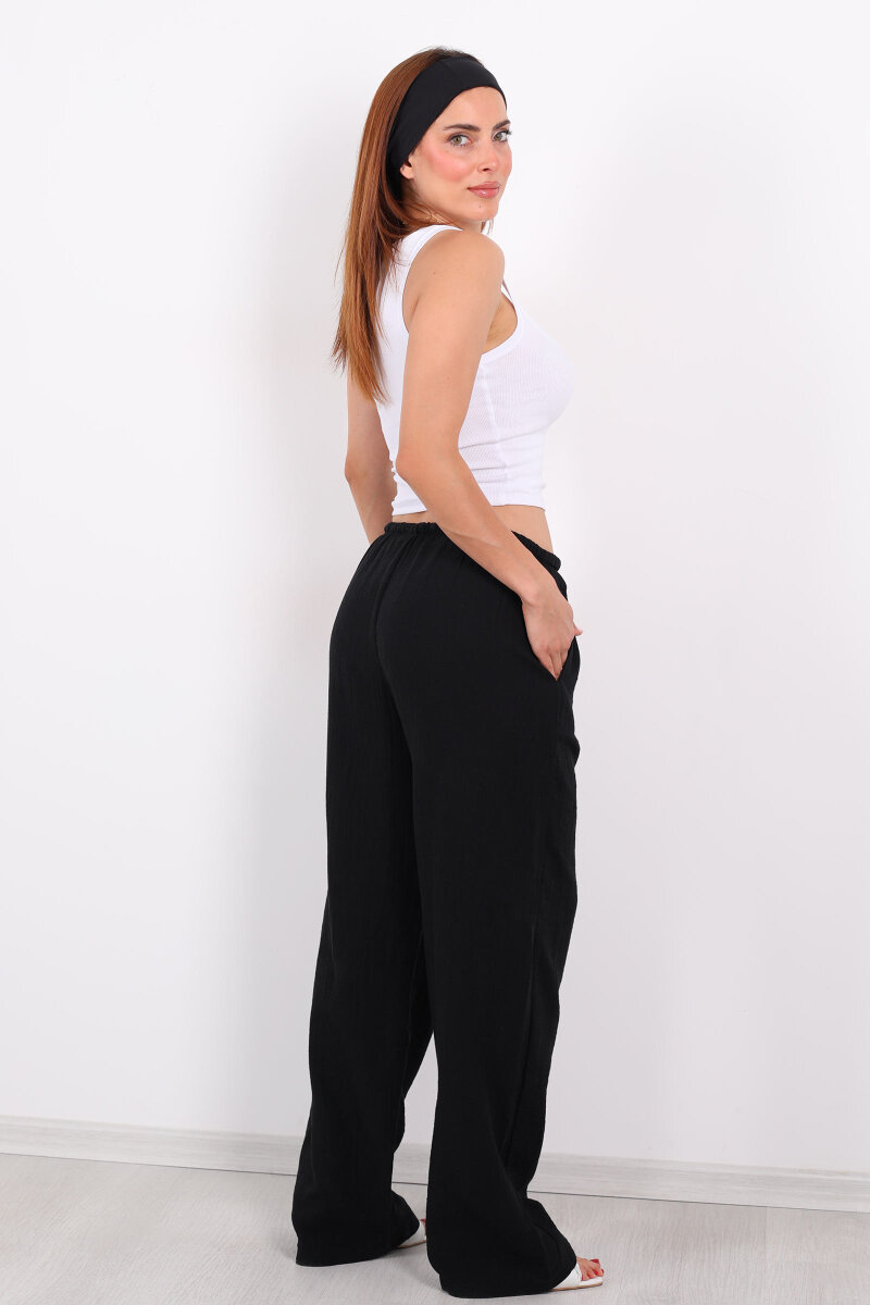 Beli Lastikli Müslin Bol Paça Kadın Siyah Pantolon - 4