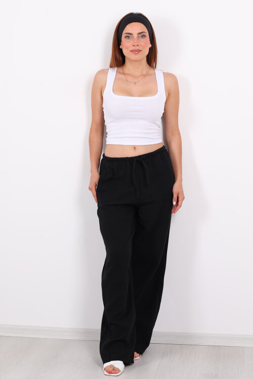 Beli Lastikli Müslin Bol Paça Kadın Siyah Pantolon - 3