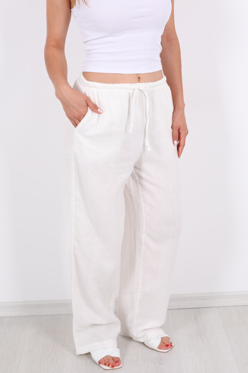 Beli Lastikli Müslin Bol Paça Kadın Ekru Pantolon - 2