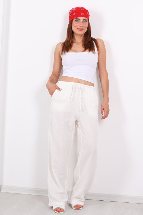 Beli Lastikli Müslin Bol Paça Kadın Ekru Pantolon - 5