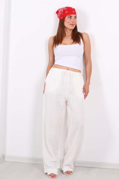 Beli Lastikli Müslin Bol Paça Kadın Ekru Pantolon - 3