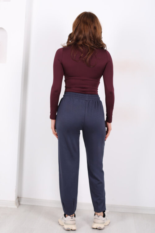 Beli Lastikli Paça Pensli Kadın Antrasit Pantolon - 4