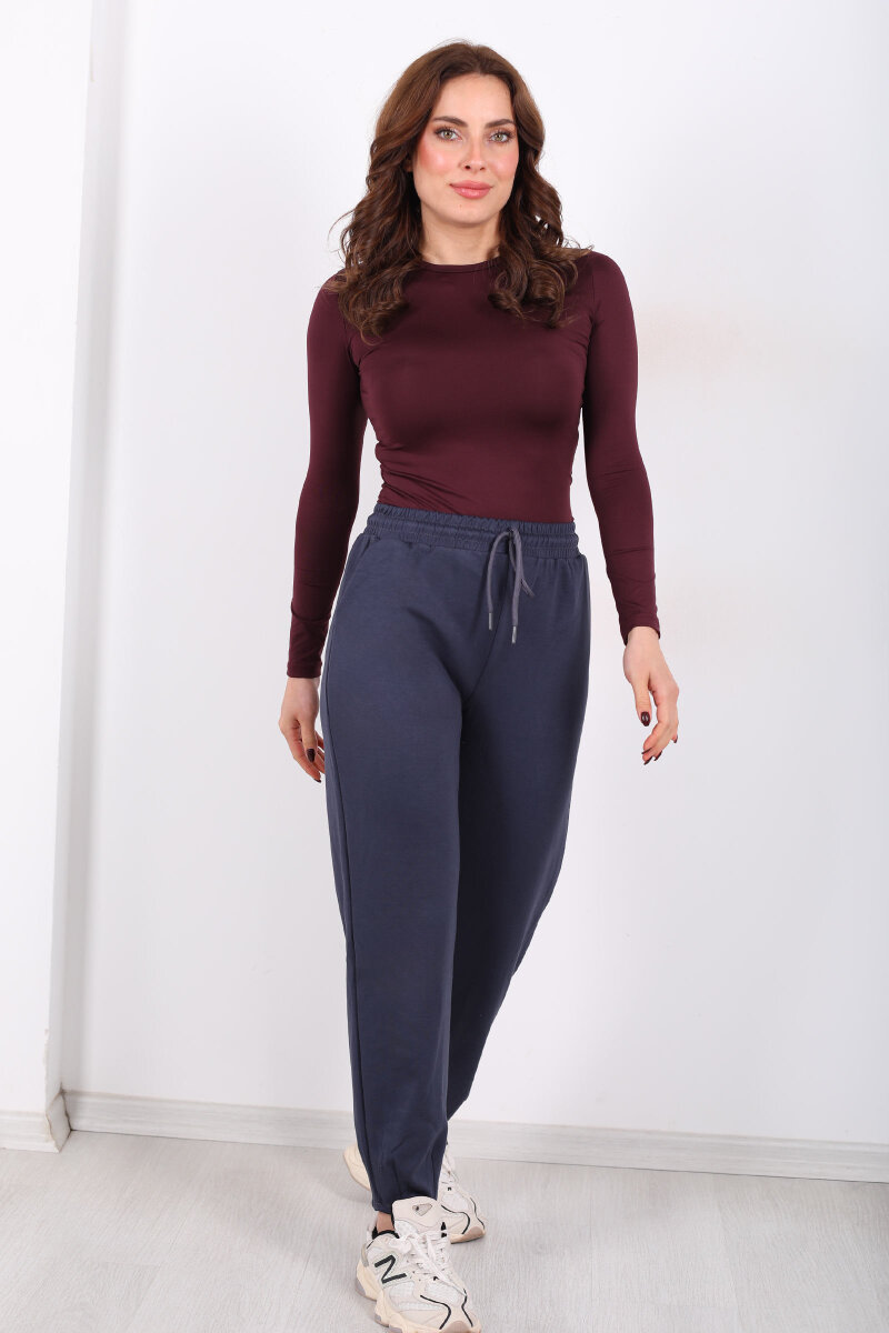 Beli Lastikli Paça Pensli Kadın Antrasit Pantolon - 5