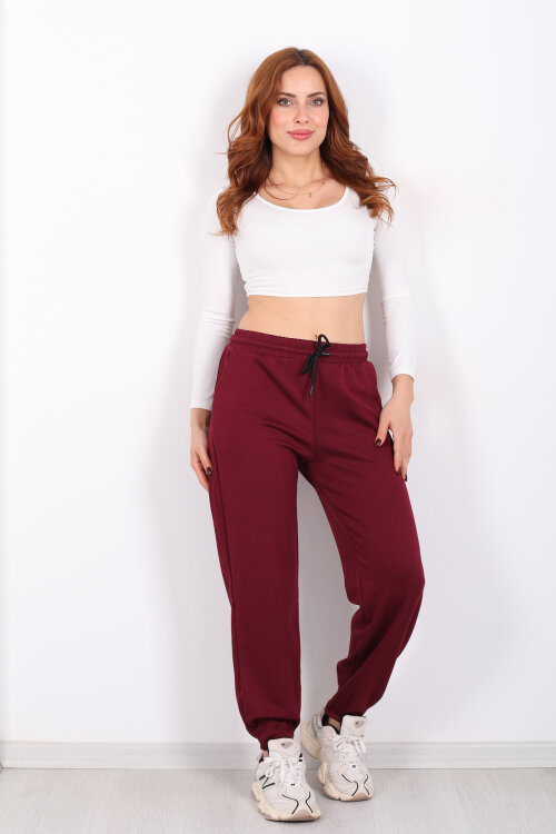 Beli Lastikli Paça Pensli Kadın Bordo Pantolon - 4