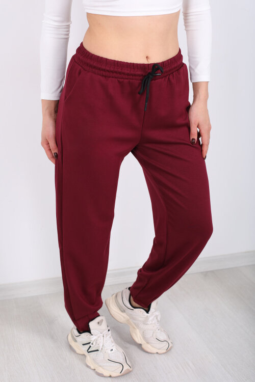Beli Lastikli Paça Pensli Kadın Bordo Pantolon - Berox (1)