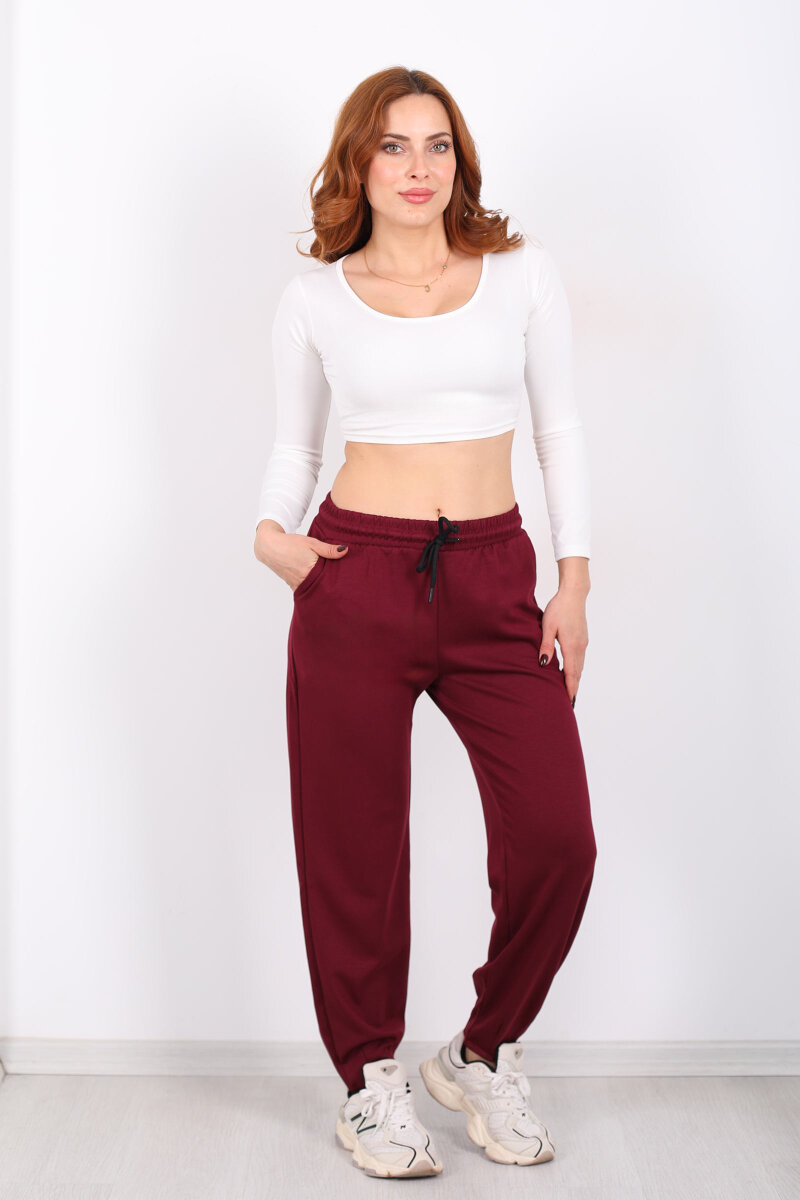 Beli Lastikli Paça Pensli Kadın Bordo Pantolon - 6
