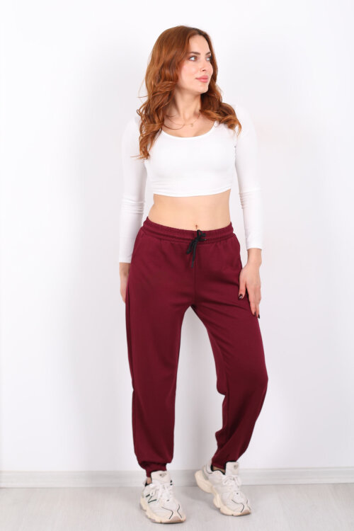 Beli Lastikli Paça Pensli Kadın Bordo Pantolon - Berox
