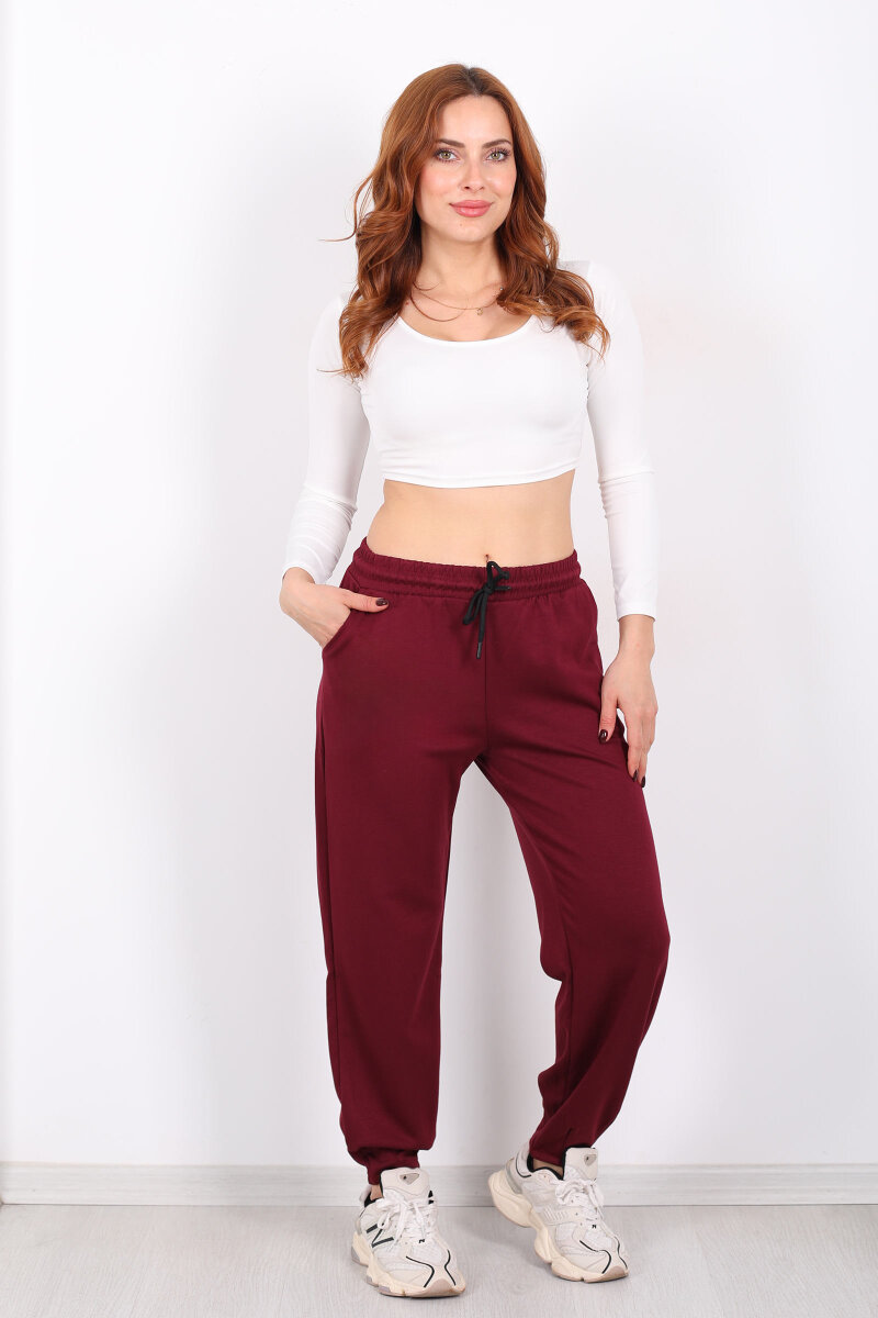 Beli Lastikli Paça Pensli Kadın Bordo Pantolon - 3
