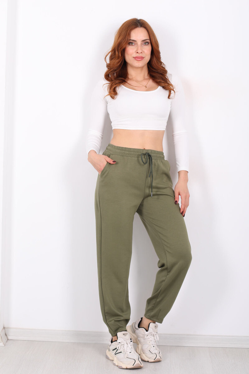 Beli Lastikli Paça Pensli Kadın Haki Pantolon - 1