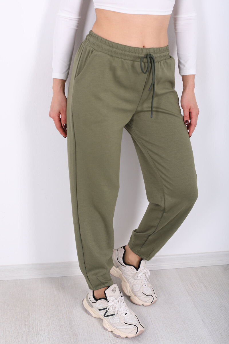 Beli Lastikli Paça Pensli Kadın Haki Pantolon - 2