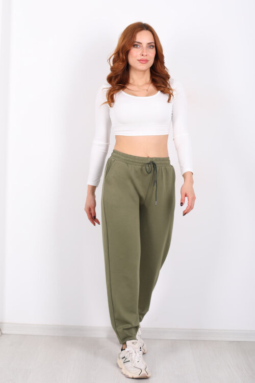 Beli Lastikli Paça Pensli Kadın Haki Pantolon - 5