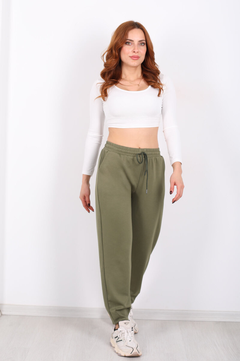 Beli Lastikli Paça Pensli Kadın Haki Pantolon - 5