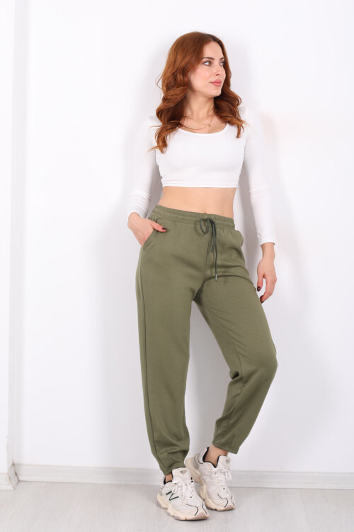 Beli Lastikli Paça Pensli Kadın Haki Pantolon - 3