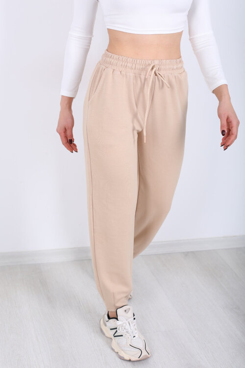 Beli Lastikli Paça Pensli Kadın Krem Pantolon - Berox (1)