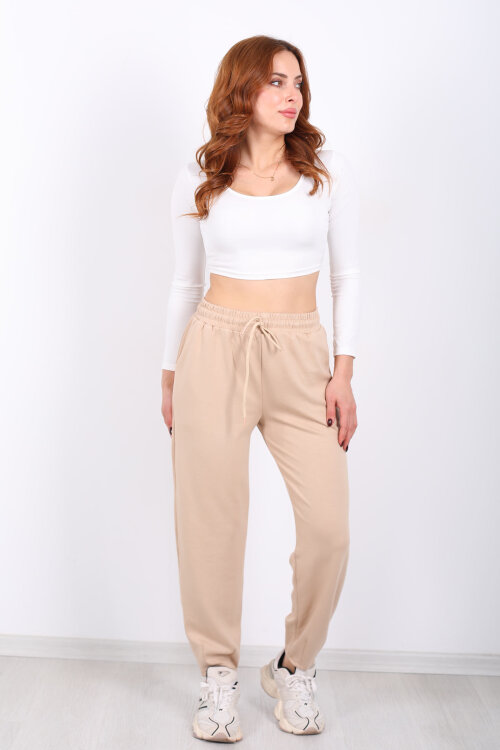 Beli Lastikli Paça Pensli Kadın Krem Pantolon - 6