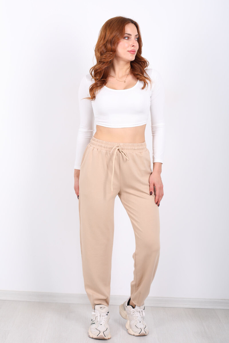 Beli Lastikli Paça Pensli Kadın Krem Pantolon - 6
