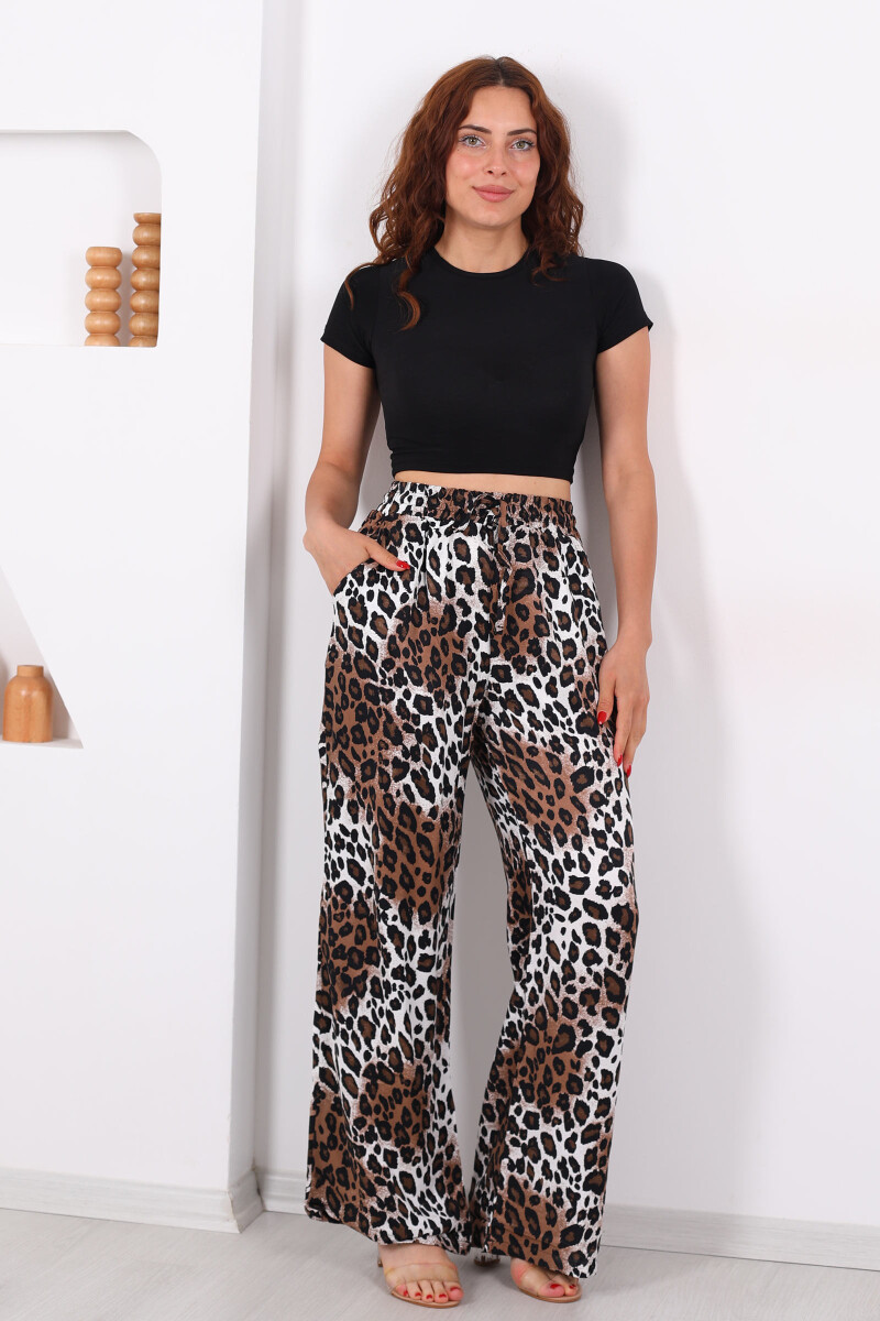 Beli Lastikli Parlak Leopar Kadın Saten Pantolon - 1