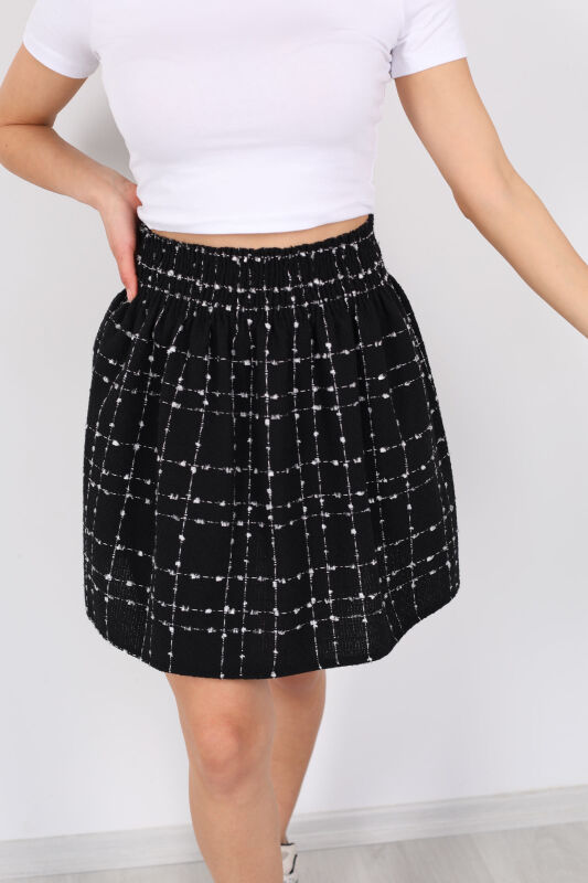 Beli Lastikli Pileli Ekose Beyaz Kadın Mini Etek - 2
